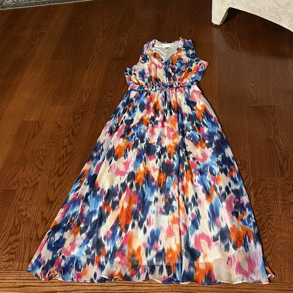 London Times Multicolor water colors tie dye Maxi Dress sleeveless faux wrap 12 - Picture 14 of 15